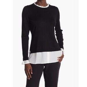 Adrianna Papell Black Sweater Knit Twofer White Ruffle Women's Long Sleeve Top S